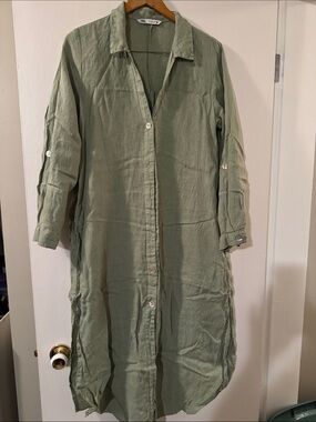 Zara Light Olive Green Button-Front Long Shirt Dress